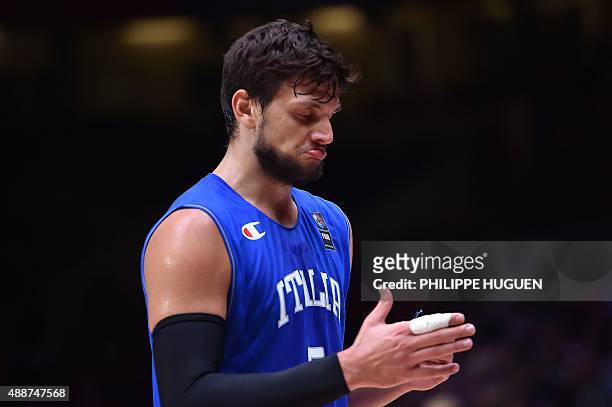Italy's small forward Alessandro Gentile reacts during the classification basketball match between the Czech Republic and Italy at the EuroBasket...