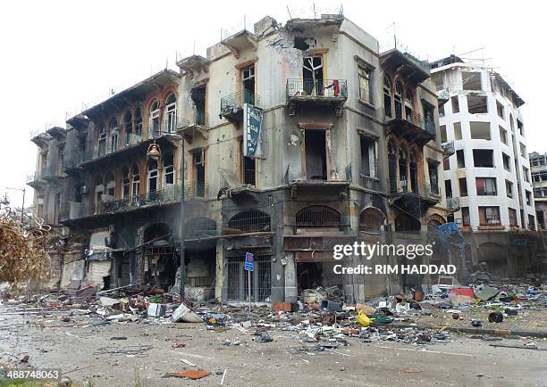 General view shows a heavily damaged building in the old city of Homs on May 8, 2014 after Syrian government forces regained control of...