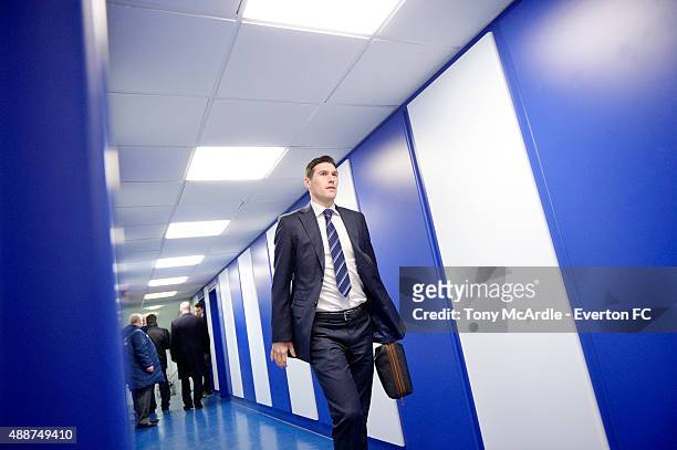 Gareth Barry lookson before the during the UEFA Europa League match between Everton and Young Boys at Goodison Park on February 26, 2015 in...
