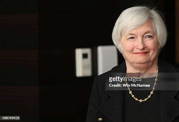 Federal Reserve Board Chairwoman Janet Yellen arrives at a news conference following a Federal Open Market Committee meeting September 17, 2015 in...