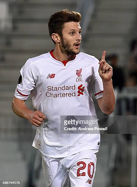 Adam Lallana of Liverpool celebrates after scoring the opening goal during the UEFA Europa League match between FC Girondins de Bordeaux and...