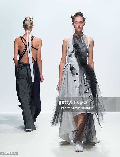 Model walks the catwalk during the Haizhen Wang Spring/Summer 2016 Runway Show at The Hospital Club on September 17, 2015 in London, England.