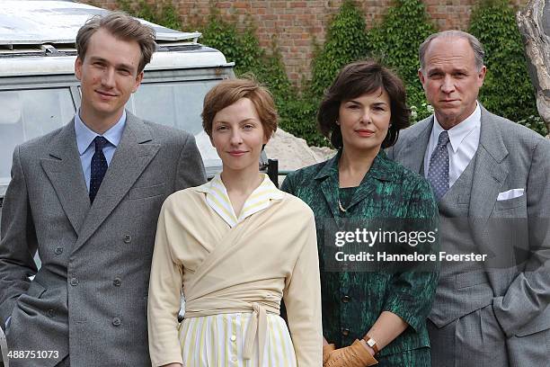 Actors Jan Lennart Krauter, Katharina Schuettler, Barbara Auer and Ulrich Tukur attend the Photocall at the set of "Grzimek" , the film at Zoo...