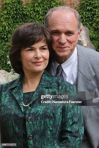 Barbara Auer, actor, Manfred Niekisch, Zoo director, and Ulrich Tukur, actor, attend the Photocall at the set of "Grzimek" , the film at Zoo...