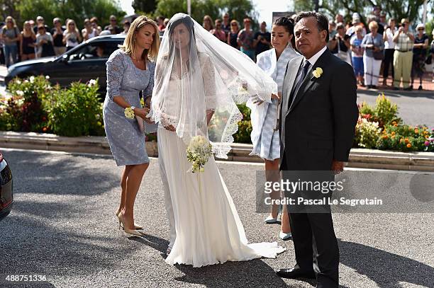 The bride Vanessa Bogaardt arrives to the Monaco Cathedral with bride maids Caroline Bizzio , Katia Khalifa-Gaydamak and father Pieter Bogaardt...