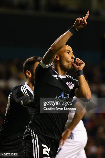 Richard Almeida de Oliveria of FK Qarabagcelebrates scoring the opening goal from the penalty spot during the UEFA Europa League Group J match...