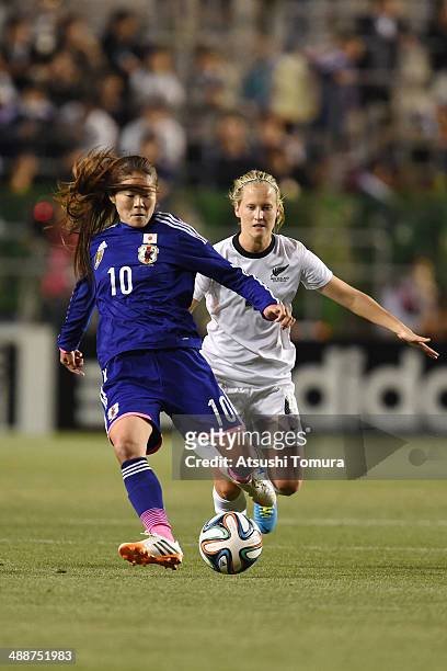 Homare Sawa of Japan in action during the women's international friendly match between Japan and New Zealand at Nagai Stadium on May 8, 2014 in...