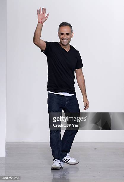 Designer Francisco Costa poses on the runway at the Calvin Klein Collection Spring 2016 show during New York Fashion Week: The Shows at Spring...