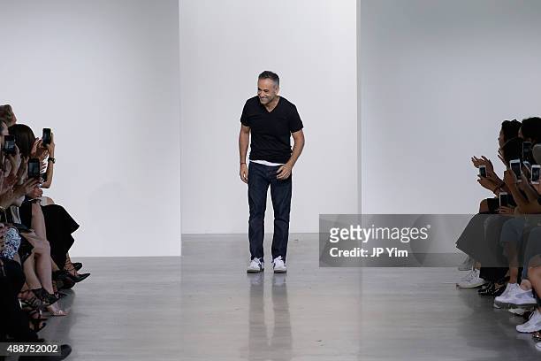 Designer Francisco Costa poses on the runway at the Calvin Klein Collection Spring 2016 show during New York Fashion Week: The Shows at Spring...