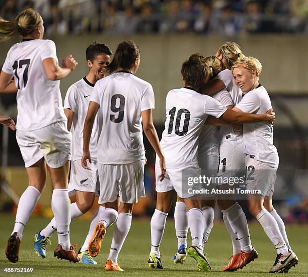 Kirsty Yallop of New Zealand celebrate her goal with team mates during the women's international friendly match between Japan and New Zealand at...