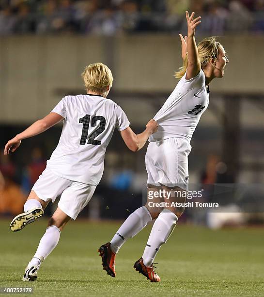 Kirsty Yallop celebrate her goal with Betsy Hassett of New Zealand during the women's international friendly match between Japan and New Zealand at...