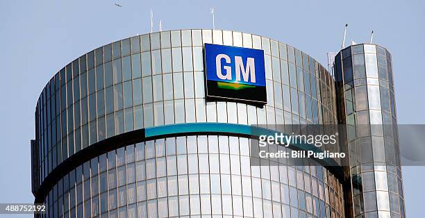 The General Motors logo on the world headquarters building is shown September 17, 2015 in Detroit, Michigan. Mary Barra, Chief Executive Officer of...