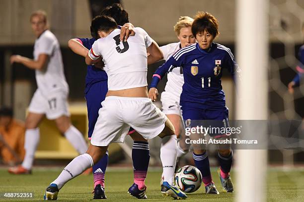 Chinatsu Kira of Japan in action during the women's international friendly match between Japan and New Zealand at Nagai Stadium on May 8, 2014 in...