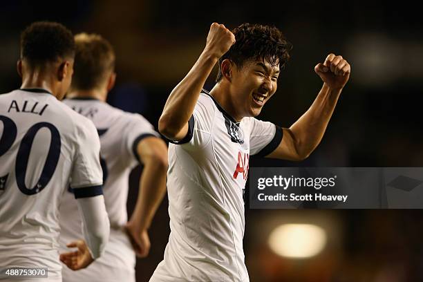 Son Heung-Min of Tottenham Hotspur celebrates scoring their second goal during the UEFA Europa League Group J match between Tottenham Hotspur FC and...