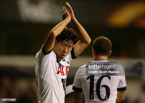 Son Heung-Min of Tottenham Hotspur celebrates scoring a goal during the UEFA Europa League Group J match between Tottenham Hotspur FC and Qarabag FK...