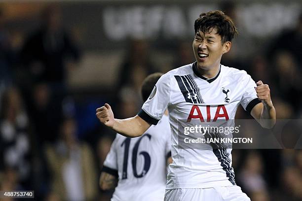 Tottenham Hotspur's South Korean striker Son Heung-Min celebrates scoring his second goal during the UEFA Europa League Group J football match...