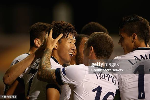 Son Heung-Min of Tottenham Hotspur celebrates scoring a goal with Kieran Trippier of Tottenham Hotspur during the UEFA Europa League Group J match...
