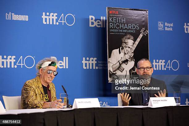 Musician Keith Richards and Director/Producer Morgan Neville speak onstage during the "Keith Richards: Under The Influence" press conference at the...