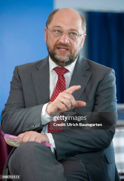Martin Schulz, President of the European Parliament and top candidate of European Socialists for the European elections pictured during a discussion...