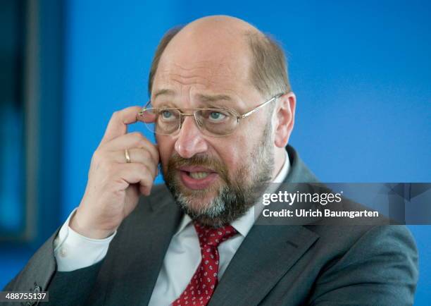 Martin Schulz, President of the European Parliament and top candidate of European Socialists for the European elections pictured during a discussion...