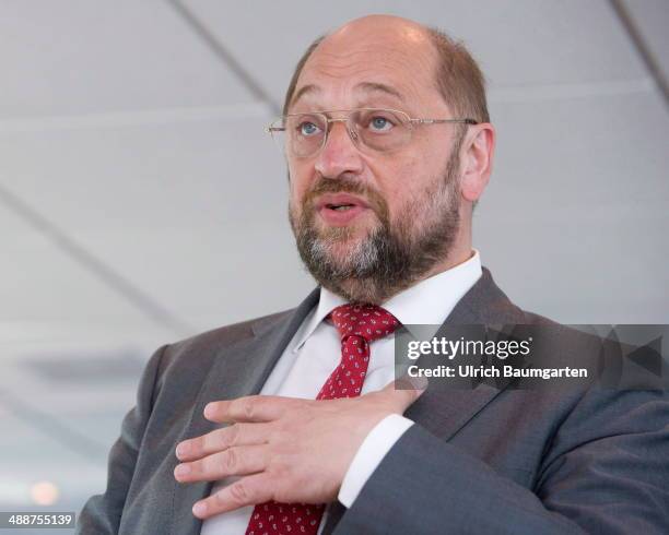 Martin Schulz, President of the European Parliament and top candidate of European Socialists for the European elections pictured during a discussion...