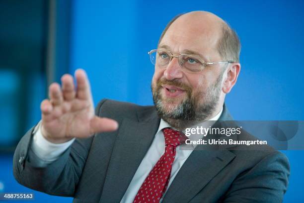 Martin Schulz, President of the European Parliament and top candidate of European Socialists for the European elections pictured during a discussion...