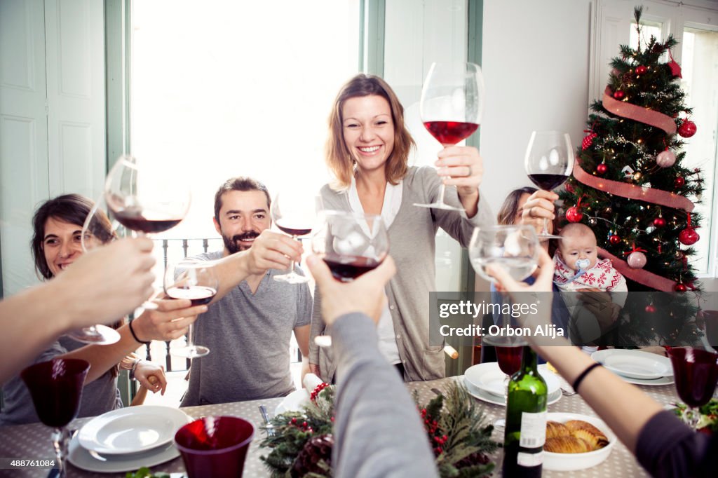 Friends toasting at Christmas dinner