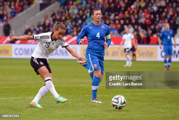 Fatmire Alushi scores his teams third goal during the FIFA Women's World Cup 2015 Qualifier between Germany and Slovakia at Osnatel Arena on May 8,...
