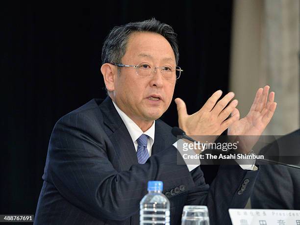 Toyota Motor Co President Akio Toyoda speaks during a press conference announcing their fiscal 2013 financial result on May 8, 2014 in Tokyo, Japan....