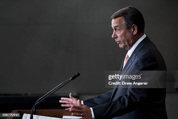 Speaker of the House John Boehner answers questions during his weekly news conference on Capitol Hill, May 8, 2014 in Washington, DC. Boehner fielded...