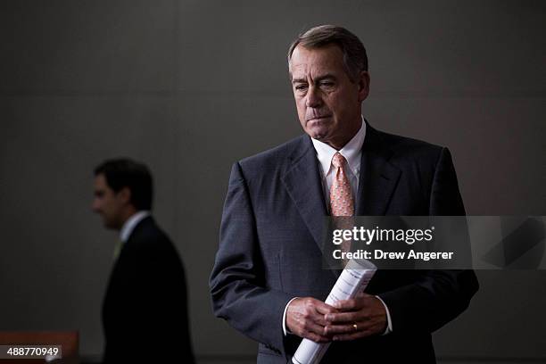 Speaker of the House John Boehner arrives for his weekly news conference on Capitol Hill, May 8, 2014 in Washington, DC. Boehner fielded questions on...