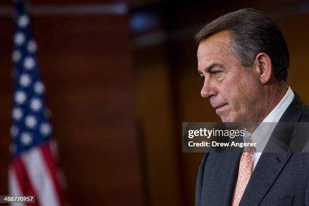 Speaker of the House John Boehner answers questions during his weekly news conference on Capitol Hill, May 8, 2014 in Washington, DC. Boehner fielded...