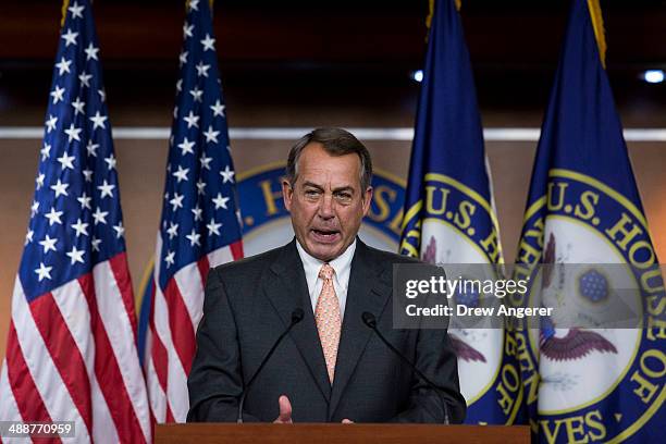 Speaker of the House John Boehner answers questions during his weekly news conference on Capitol Hill, May 8, 2014 in Washington, DC. Boehner fielded...