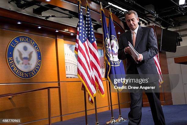 Speaker of the House John Boehner exits his weekly news conference on Capitol Hill, May 8, 2014 in Washington, DC. Boehner fielded questions on the...