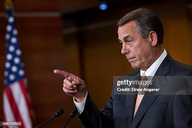 Speaker of the House John Boehner answers questions during his weekly news conference on Capitol Hill, May 8, 2014 in Washington, DC. Boehner fielded...