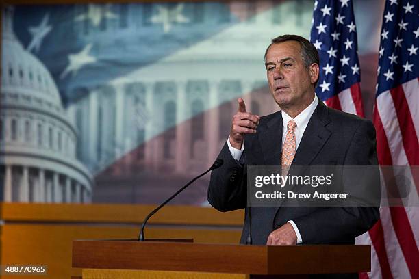 Speaker of the House John Boehner answers questions during his weekly news conference on Capitol Hill, May 8, 2014 in Washington, DC. Boehner fielded...