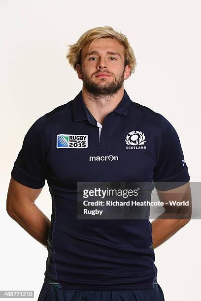 Richie Gray of Scotland during the Scotland Rugby World Cup 2015 squad photo call at the Hilton Puckrup Hall Hotel on September 17, 2015 in...