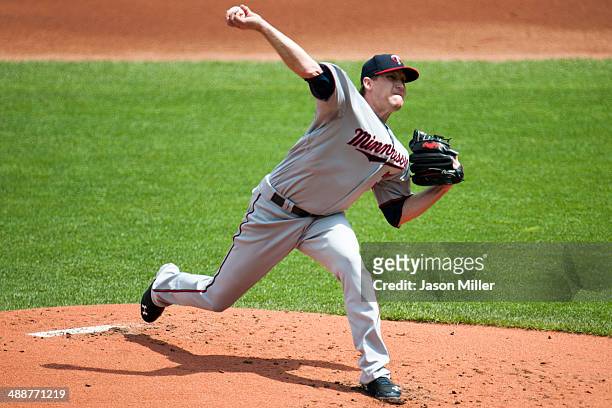 Starting pitcher Kevin Correia of the Minnesota Twins pitches during the third inning against the Cleveland Indians at Progressive Field on May 8,...