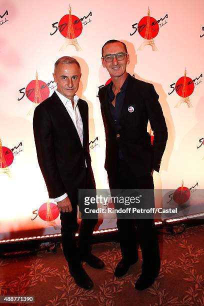 Fashion Designer of Roger Vivier, Bruno Frisoni and designer Herve Van Der Straeten attend the Kenzo Takada's 50 Years Of Life in Paris Celebration...
