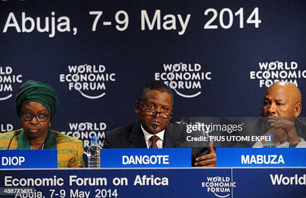 Nigerian-born billionnaire Aliko Dangote , who co-chairs the World Economic Forum, speaks flanked by President and Founder of African Women...