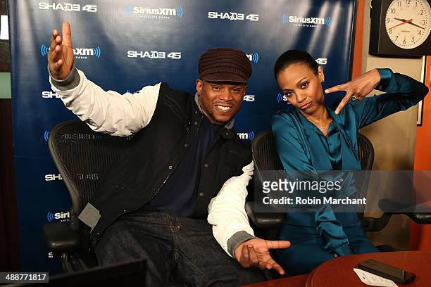 Sway Calloway and Actress Zoe Saldana during 'Sway in the Morning' on Eminem's Shade 45 at SiriusXM Studios on May 8, 2014 in New York City.