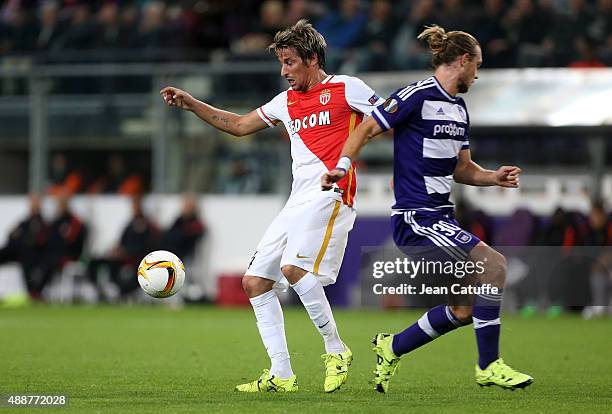 Fabio Coentrao of Monaco and Guillaume Gillet of Anderlecht in action during the UEFA Europa League match between RSC Anderlecht and AS Monaco FC at...