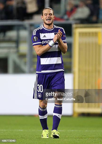 Guillaume Gillet of Anderlecht celebrates scoring a goal during the UEFA Europa League match between RSC Anderlecht and AS Monaco FC at Stade...