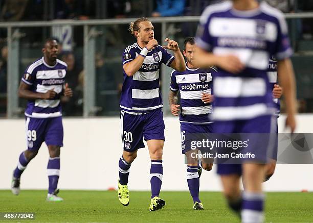 Guillaume Gillet of Anderlecht celebrates scoring a goal during the UEFA Europa League match between RSC Anderlecht and AS Monaco FC at Stade...