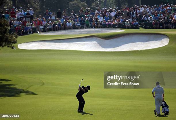 Garrick Porteous of England hits his second shot the seventh hole during the second round of the 2014 Masters Tournament at Augusta National Golf...