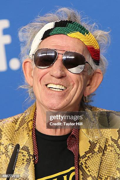 Keith Richards of The Rolling Stones attends a press conference for "Keith Richards: Under the Influence" at TIFF Bell Lightbox during the 2015...