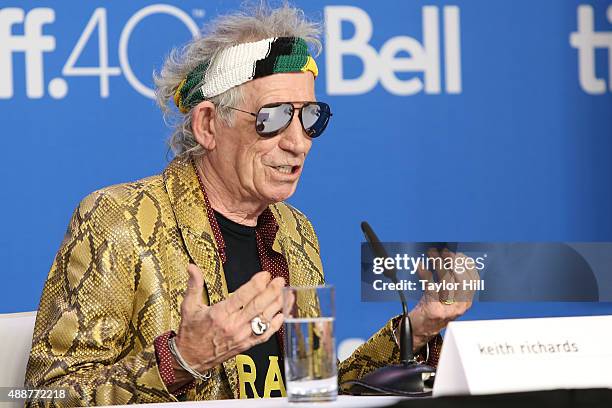 Keith Richards of The Rolling Stones attends a press conference for "Keith Richards: Under the Influence" at TIFF Bell Lightbox during the 2015...
