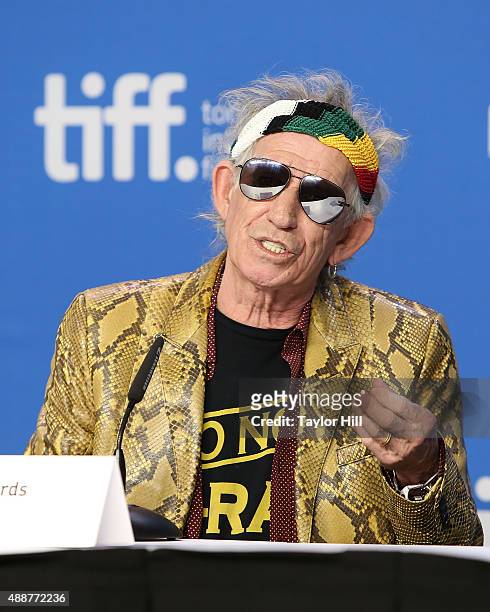 Keith Richards of The Rolling Stones attends a press conference for "Keith Richards: Under the Influence" at TIFF Bell Lightbox during the 2015...