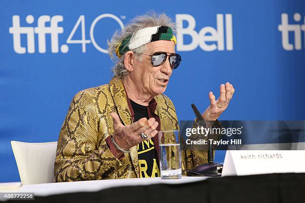 Keith Richards of The Rolling Stones attends a press conference for "Keith Richards: Under the Influence" at TIFF Bell Lightbox during the 2015...