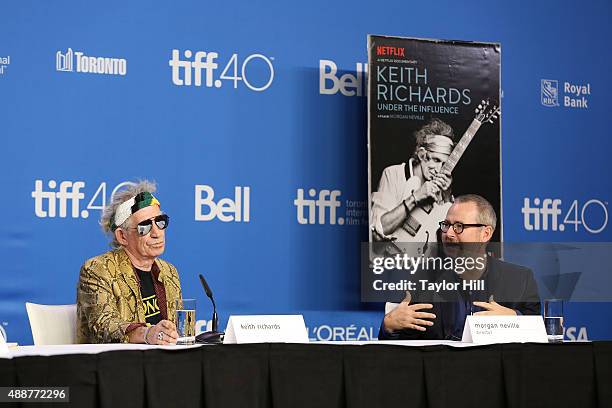 Keith Richards of The Rolling Stones and director Morgan Neville attend a press conference for "Keith Richards: Under the Influence" at TIFF Bell...